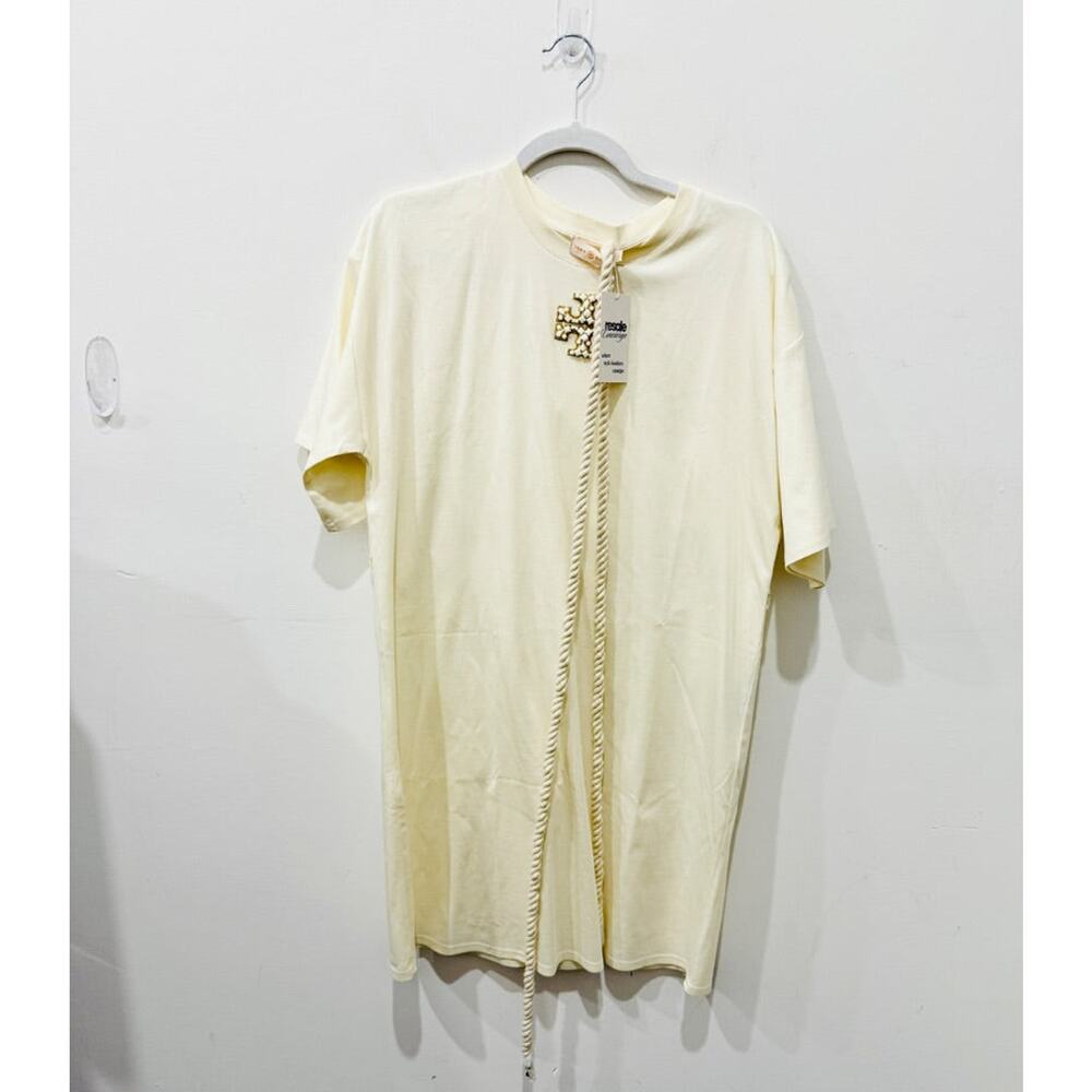 Tory Burch Cotton Knit Short Sleeve Mini T-Shirt Dress with Aplique Cream S